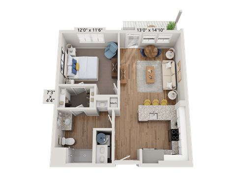 Floor plan for 1 bed, 1 bath, 678 sqft